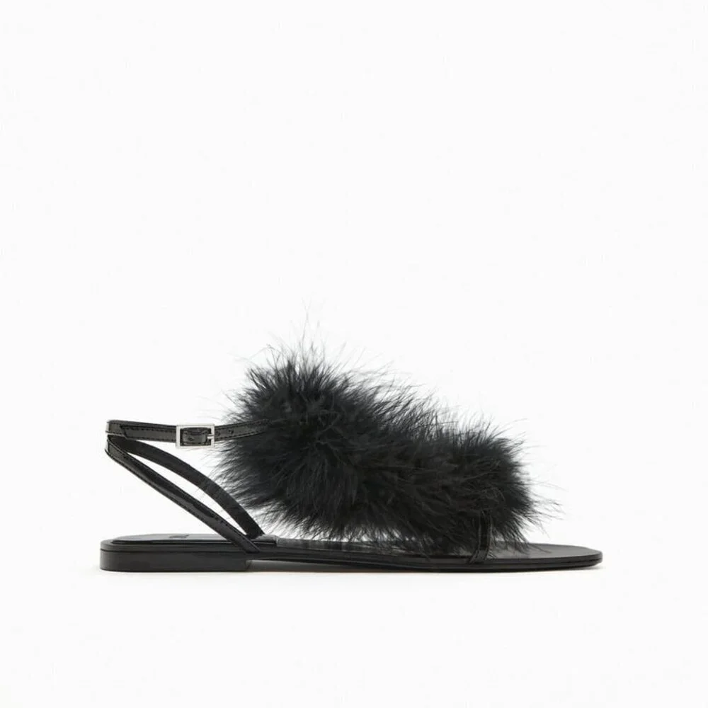 NWT Zara black feather accented flat strap up sandals, EU 36 - Picture 4 of 14
